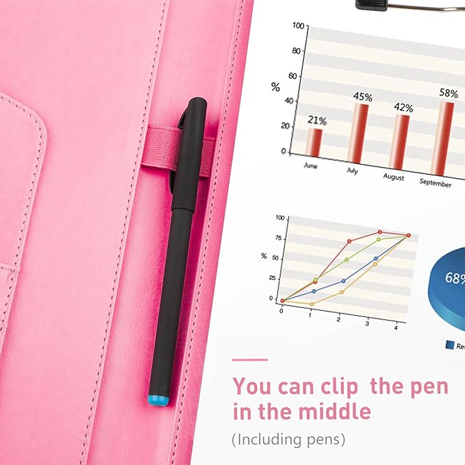 Geila Padfolio Portfolio A4 Clipboard Folder, Suitable for Work, Writing, and Meetings, Faux Leather Folder with A4 Paper and Pen (Pink)