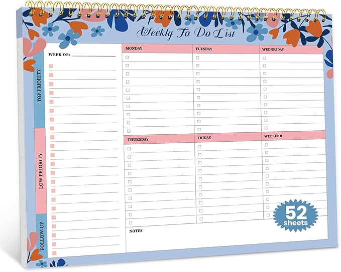 Weekly To Do List Notepad with 52 Undated Sheets（8.5"×11"）- Undated Weekly Planner Notepad for Office Desk Accessories and Supplies - Frosted Coral