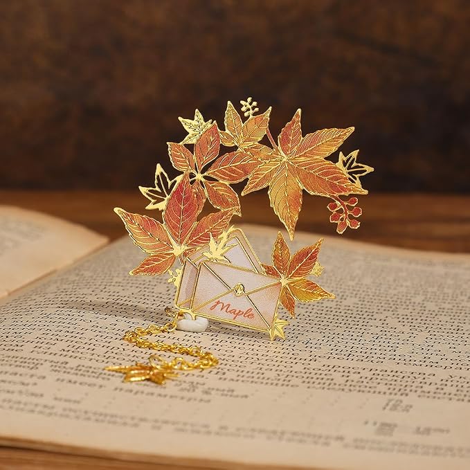 icceemee 2PCS Maple Leaf Theme Bookmark, Cute Bookmark for Women with Hollow-Out Square & Irregular Design, Natural Tassel Book Marks Set in Gift Box, for Book Lovers