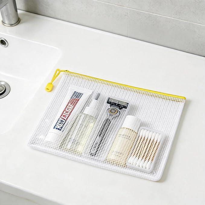 18-Pack Mesh Zipper Pouch Set with 1 Organizer Bag, 5 Sizes (A4 A5 A6 Bill B6) Clear Waterproof File Bags for Categorized Storage, Professional Travel & Home Office (19pcs)