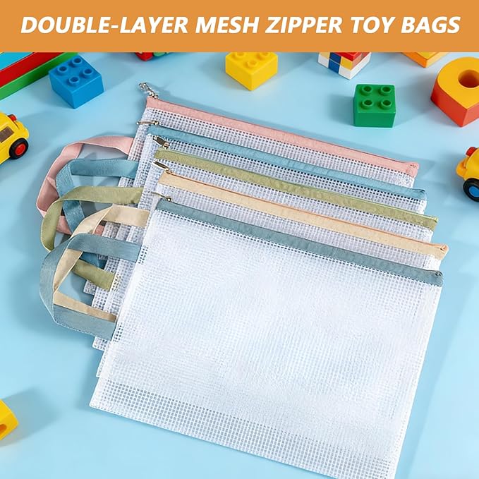 15 Pcs Mesh Zipper Pouch Bags, A4 Colored Zipper Pouch Double-Layer Nylon Puzzle Organizers and Storage Building Block Toy Board Game Storage Clear Pouch Bags for School Office & Home(5 Colors)