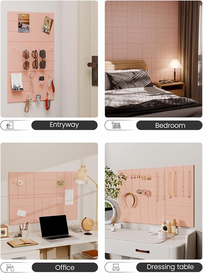 Fluxynara Felt Bulletin Board Tiles -28"x18" with 40 Adhesive Tabs, Cork Board Alternative for Office Decor, Push Pin Board Wall Organizer 6-Pack(Pink)