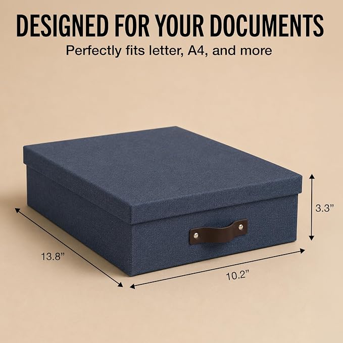 Bigso Oskar Canvas Fiberboard Document Letter Box | File Organizer Document Box for Important Paperwork | Document Storage Box with a Lid & Handle | 3.3″x10.2″x13.8″ | 3 Pack | Blue