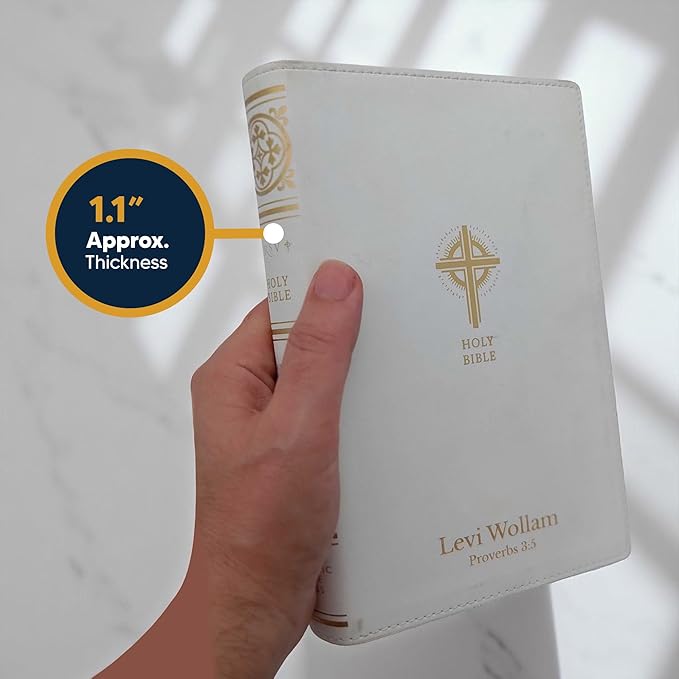 Custom NRSV Catholic Edition Faux Leather Holy Bible with Sacraments of Initiation | Medium Text | Engraved in Washed Gold | Personalized Catholic Bible in White