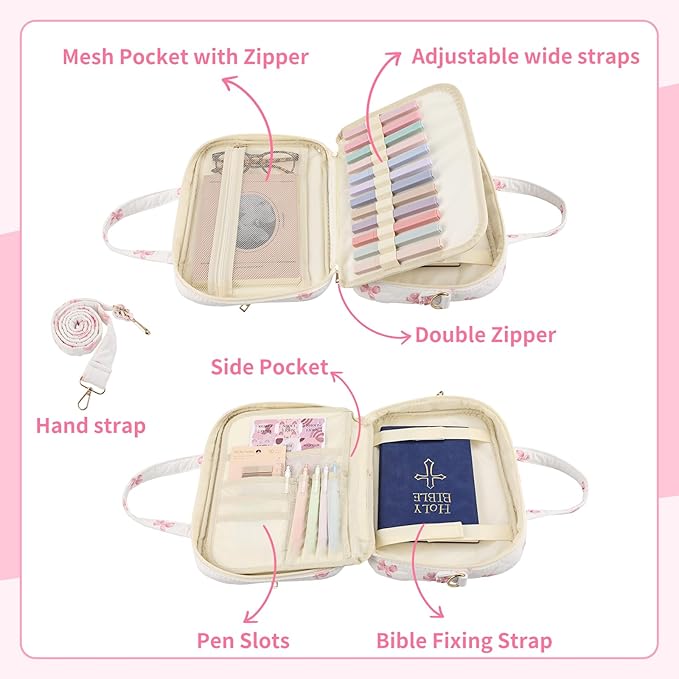 BESARME Bible Bags for Women, Large Bible Cover Case with Strap, Pink Bow