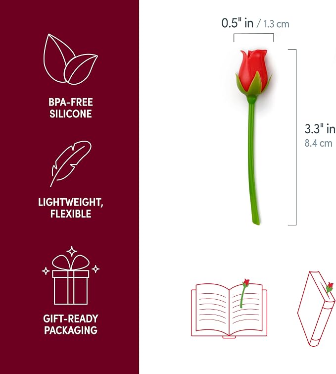 Genuine Fred Roses are Read Flower Bookmarks – Set of 2 Rose Page Markers, Soft and Flexible Silicone, Great for Romance Novels, Book Lovers, and Valentine's Day
