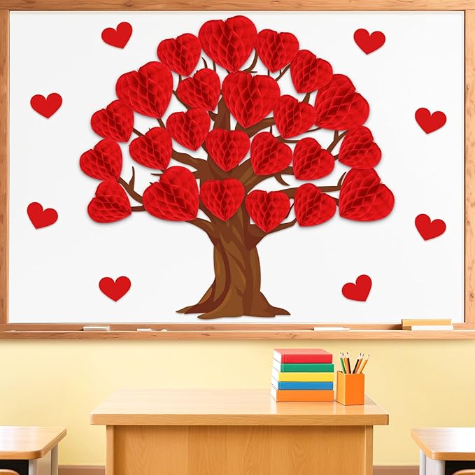 JarThenaAMCS 50Pcs Valentine' s Day Tree Bulletin Board Set 3D Heart Honeycomb Tree Classroom Decorations Red Heart Paper Cutouts for School Wall Door Decor Valentines Party Supplies