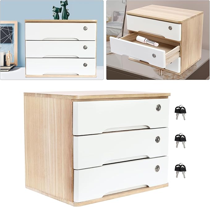 Lockable Desk Organizer Wooden Desktop Drawers Office Flat Files Storage Box Locking Countertop Storage Cabinet (Wood Color + White, 3-Tier)