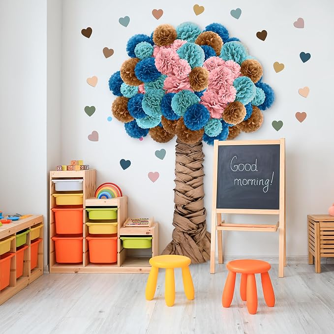 Mooliwe Classroom Tree Bulletin Board Set DIY 3D Cardboard Tree with Paper Pom Poms Kraft Craft Bulletin Board Wall 3D Decorations for School Elementary Teacher Chalkboard(Boho Color,6, 8, 10 Inch)