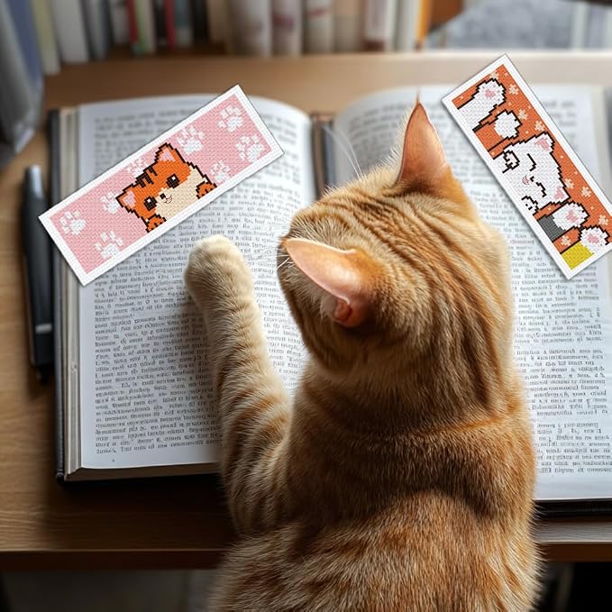 INFUNLY 6pcs Cartoon Cat DIY Cross Stitch Bookmark Kits for Beginner 8.66"×3.15" Cute Kitten Stamped Embroidery Kit with Instruction Pussycat Printed Bookmark Kits for Cat Lovers Book Readers Writers