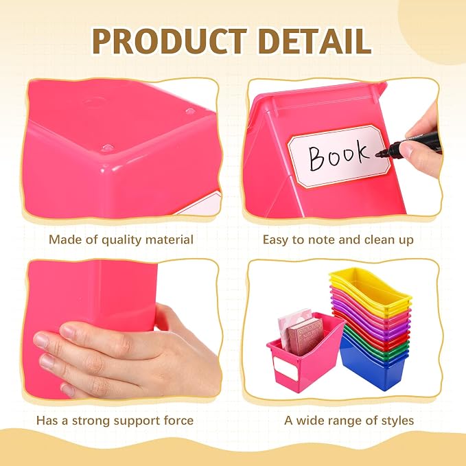 Teling 36 Pcs Book Bins Bulk - Plastic Book Storage Bin with Labels for Classroom Interlocking Magazine Holder Organizer Binder Container Box for School Office Desktop Bookshelf Home (Rainbow Bright)