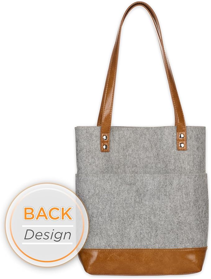 Christian Art Gifts Felt and Faux Leather Bible Tote for Women: With Metal Heart Badge, Pockets and Magnetic Button Closure, Toffee Brown and Gray, One Size Carry Bag for Books, Supplies and Shopping