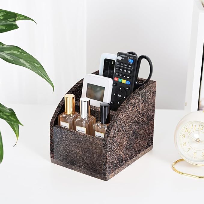 Rustic Vintage Wooden Desk Organizer Farmhouse Wood Remote Control Caddy 3 Slot Tabletop Desktop Office Supply Storage Rack Desktop TV Remote Control Holder Home Decor Office Supplies (Metallic color)