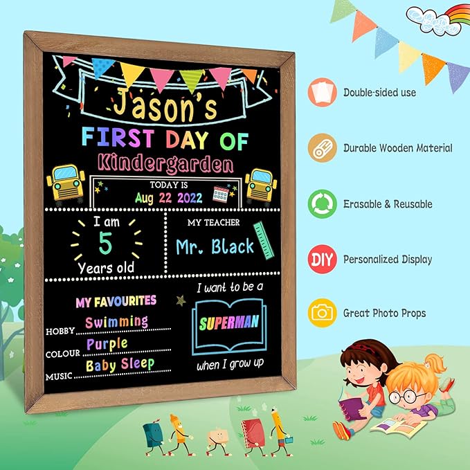 First & Last Day of School Chalk Board,10.5 x 14‘’ Double Sided Back to School Sign, Reusable Wooden 1st Day School Chalkboard of Preschool/Kindergarten/First Grade Photo Props for Kids
