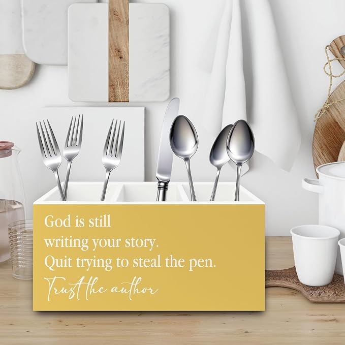 Yellow Christian Inspirational Pen Pencil Holder Organizer for Desk, Christian Office Decor, God Is Still Writing Your Story Bible Verse Wooden Box Sign for Office Home Desk Tabletop Decorations