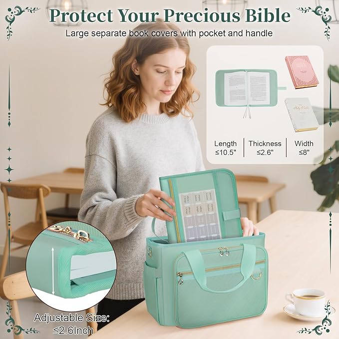 Large Bible Cover Case for Women, Bible Cover with Book Sleeve, Thick Padded Bible Case, Working Bible Tote Bag with Laptop and Bottle Pockets, Church Bag, Bible Bags for Women, Girl, Green