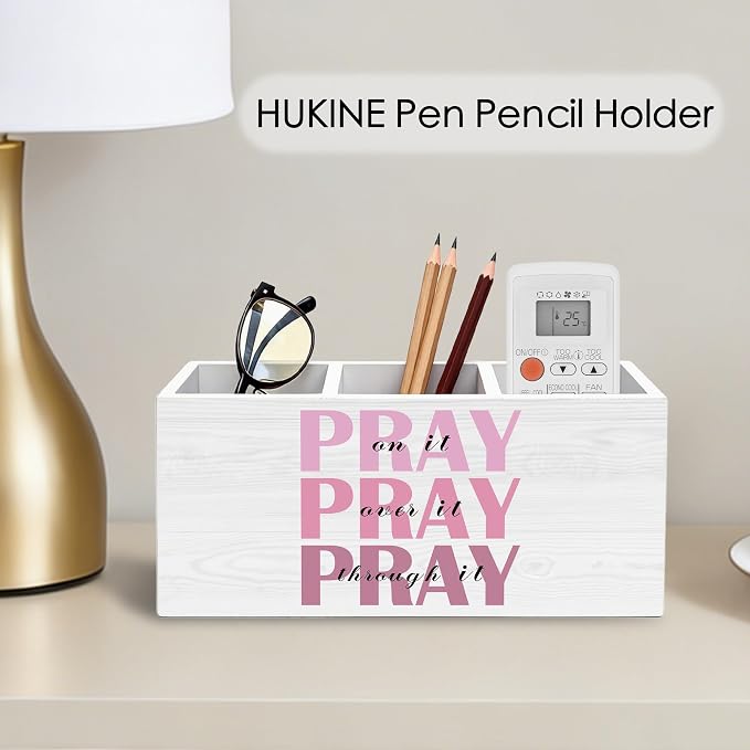 Pray on It Pray over It Bible Verse Pen Holder for Desk Decoration, Pink Inspirational Christian Wooden Box Sign Pencil Holder Organizer for Home Office Desk Accessories, Christian Gifts
