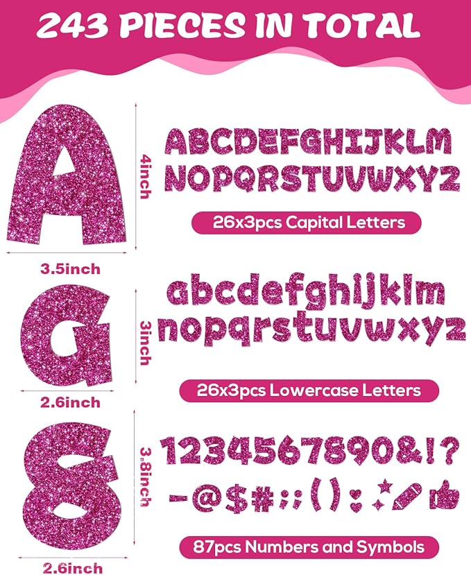 243 Pcs Glitter Bulletin Board Letters Set, 4 Inch Alphabet Poster Board Cardboard Cutouts with Numbers and Punctuation, Classroom School Wall Display Decorations (Hot Pink)