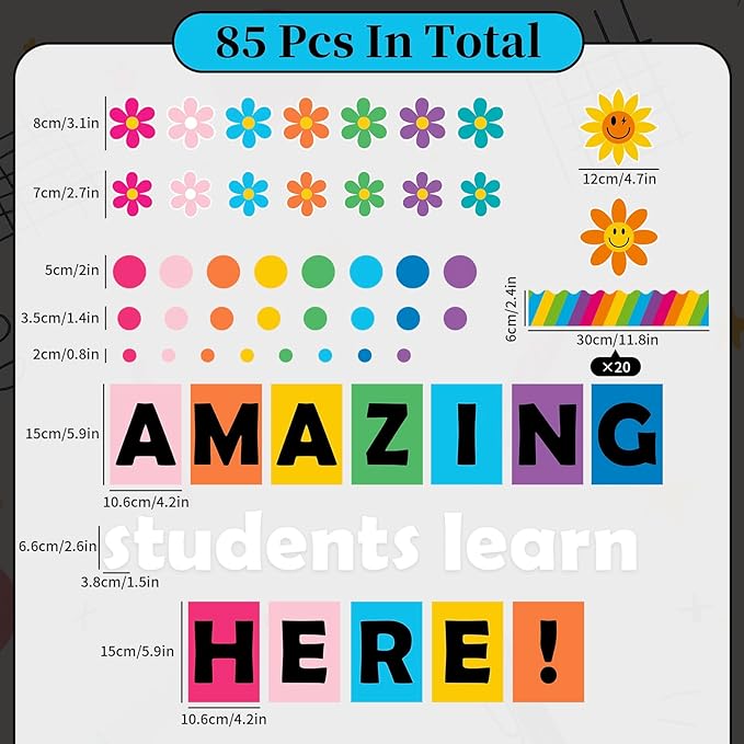 AnyDesign 85Pcs Back to School Bulletin Board Decor Rainbow Flower Dots Paper Cutouts with 150Pcs Glue Points for Party Classroom Wall Decor