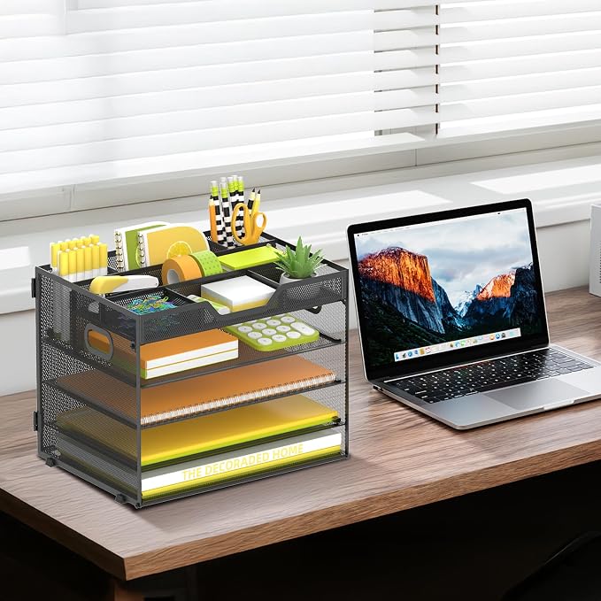 SUPEASY 5 Tier Desk Organizer, Mesh Letter Tray Paper Organizer with 4 Adjustable Storage Compartments & Pen Holder, Metal Desk Accessories for Home Office School, Black