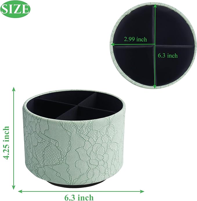 Round Leather Art Supply Organizer,Remote Control Holder,360 Degree Spinning,Multi-Functional Pencil Holder,4 Compartments Desktop Stationary Organizer(1-Lace Flower Green1)