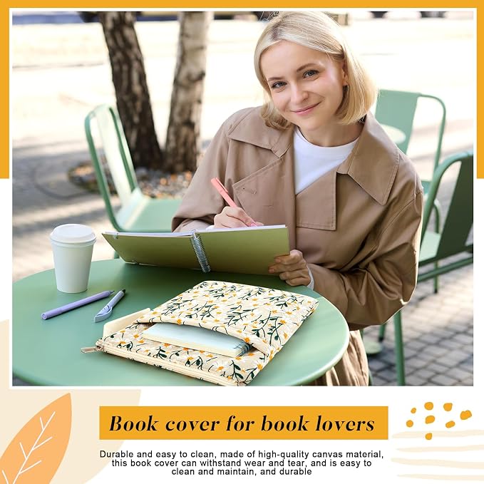 12''x9'' Daisy Embroidered Book Sleeve with Cotton Lining with Handle and Zipper Book Protector for Paperback and Hardcover, Christmas Ideal Gift Book Sleeve Pouch for Book Lovers(White)