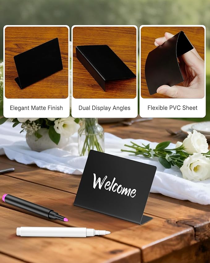 Uniclife 20 Pack Mini Chalkboard Signs for Food, Small Chalkboard Signs with Chalk Markers, Reusable Matte PVC Food Signs Food Labels for Party Buffet Wedding, Blackboard Place Cards Table Signs