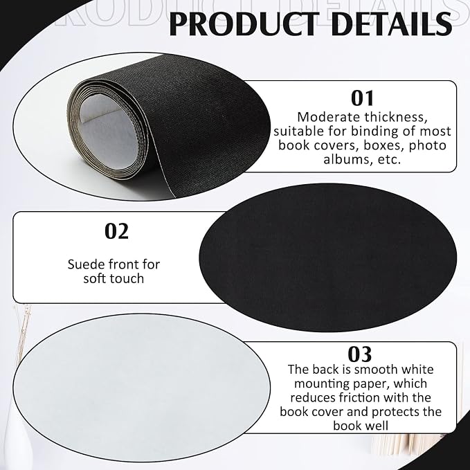 PerKoop Book Cloth for Book Binding 40 x 16 Inch Fabric Surface Paper Backed Bookcover Archival European Durable Strong Bookbinding Supplies Cover Books Album Scrapbooking (Black, Suede Fabric)