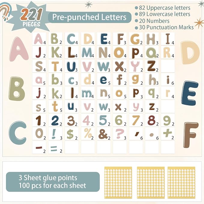 221 Pcs Boho Bulletin Board Letters, Round Alphabet Number Punctuation Symbol Combo Letter Cutouts, Boho Classroom Decor for School Classroom Chalkboard Poster Bulletin Board Wall
