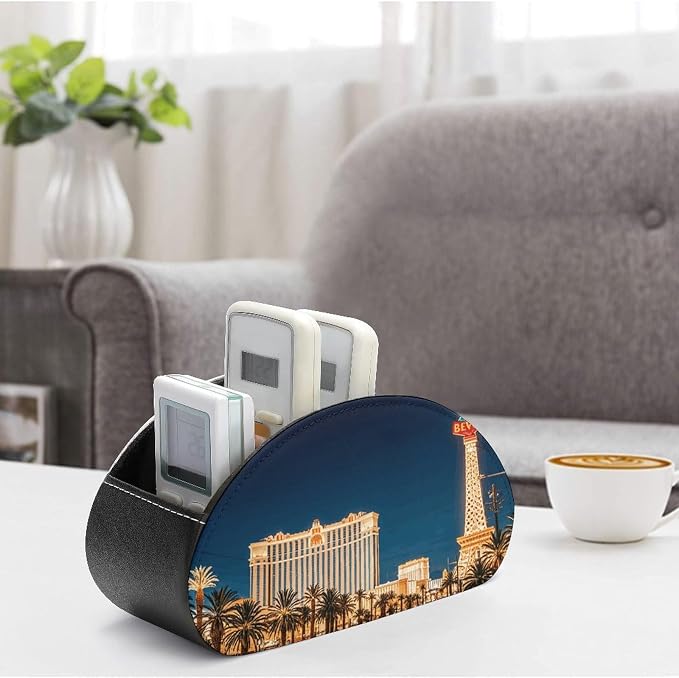 Las Vegas Night Remote Control Holder TV Remote Caddy with 5 Compartments PU Leather Storage Box Stylish Desk Organizer for TV/DVD/Accessories Desk Office Supplies Home