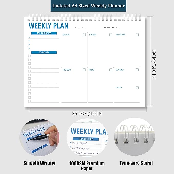 Spiral Weekly Planner - 7.5" x 10" Weekly Planner Notepad with 52 Sheets, 100gsm Paper, Undated Planners for Time Management & Habit Tracker, Weekly Calendar for Organizing Your Week (Blue)