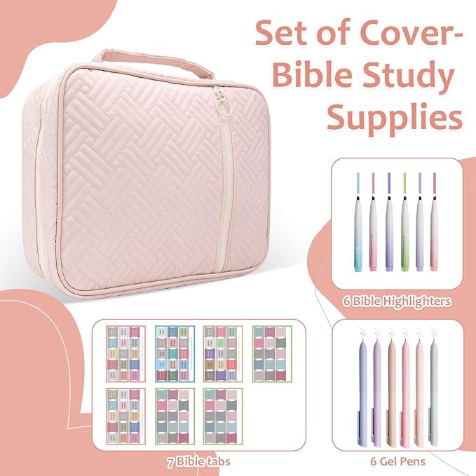 Bible Cover Case For Women,Large Bible Bag with Study Supplies,Pink Quilted Bible Carrying Case for Girls,Portable Bible Case with Highlighter, Pens,Tabs,Bible Study Gifts for Women