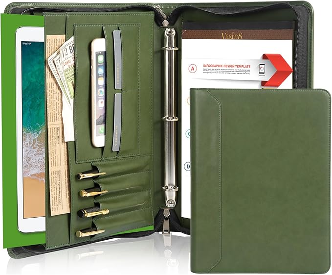 AZXCG Leather Binder Portfolio, Zippered 3 Ring Binder Padfolio, Vegan Leather Resume Portfolio, Business Document Organizer Folder for A4 Legal Pads, Gift for Women/Men, Green