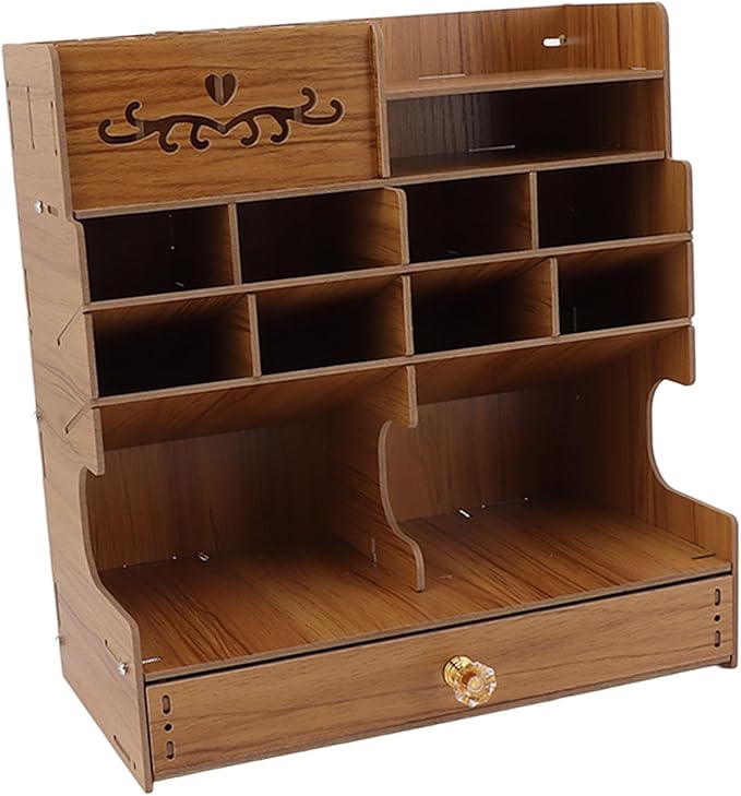 TOPINCN Wooden Office Desk Organizer for Desktop, Multi Functional Pencil Pen Holder Caddy Countertop Stationery Storage Box, Easy Assembly Home Office Art Supplies Table Organizer