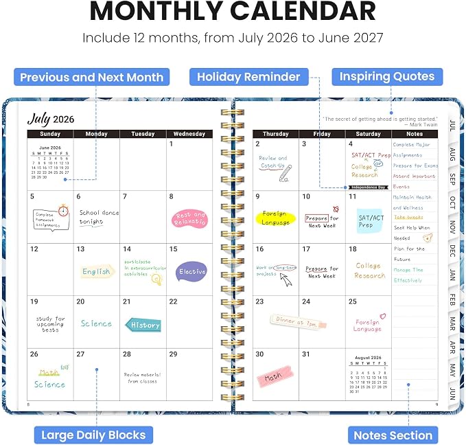 Planner 2026-2027, Monthly and Weekly Calendar Academic Planner July 2026 - June 2027, Hardcover Student Teacher Planning Agenda Book with Tabs, Perfect for Office School Supplies, A5 (6.3" x 8.5") - Sapphire Bloom