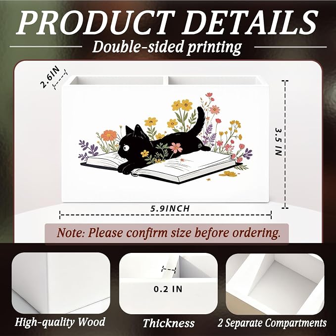 Cat Book Pen Pencil Holder for Desk Cat Lovers Gifts, Black Cat Lovers Gifts for Women,Floral Book Wooden Box Sign Decorations for Reading Room Corner Nook Desk Tabletop