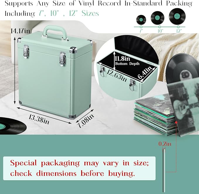Hododou Vinyl Record Storage Box with Lock Record Organizer Storage for 30+ Single Records 12-inch Water Resistant Collapsible Storage Crate with Lid Handle Mesh Pouch for Valuable Album Collection
