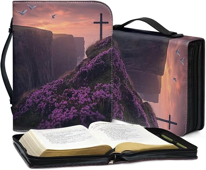 Purple Leather Bible Cover for Girls and Women, Book Case Church Bible Protective with Handle and Zippered Pocket,Cross White Dove and Lavender,Medium