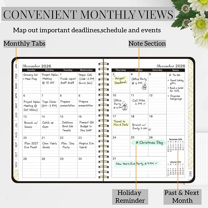 2026 Planner for Women Men,Monthly and Weekly Agenda Calendar Planner,Jan 2026 to Dec 2026,A5 (6.3" x 8.5"),Hard Cover Teacher Student Daily Planning Book with Tabs for Office School Home Work,Black