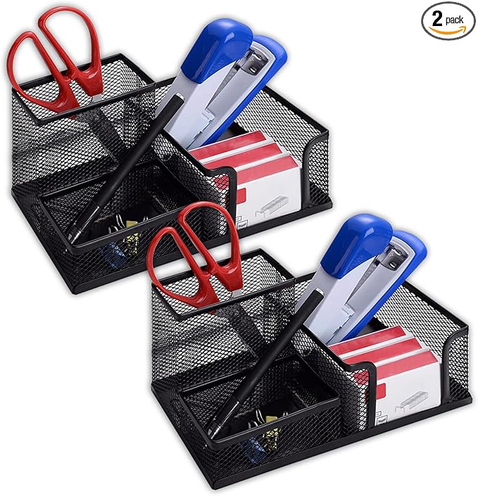 ASTIMESA 2 Pcs Metal Pen Organizer for Desk with 3 Compartments, Office Desktop Organizer Pencil Cup Caddy for Stationery Marker Storage School Home Supplies(Black，Silver (Black)