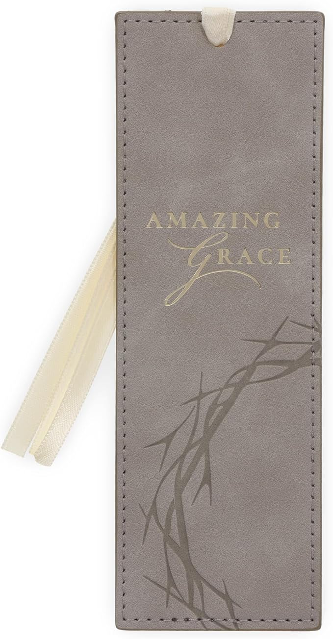Christian Art Gifts Faux Leather Scripture Bookmark for Men & Women: Amazing Grace with Golden Encouraging Bible Verse, Debossed Crown of Thorns Design, Satin Ribbon Markers for Reading, Taupe & Gold