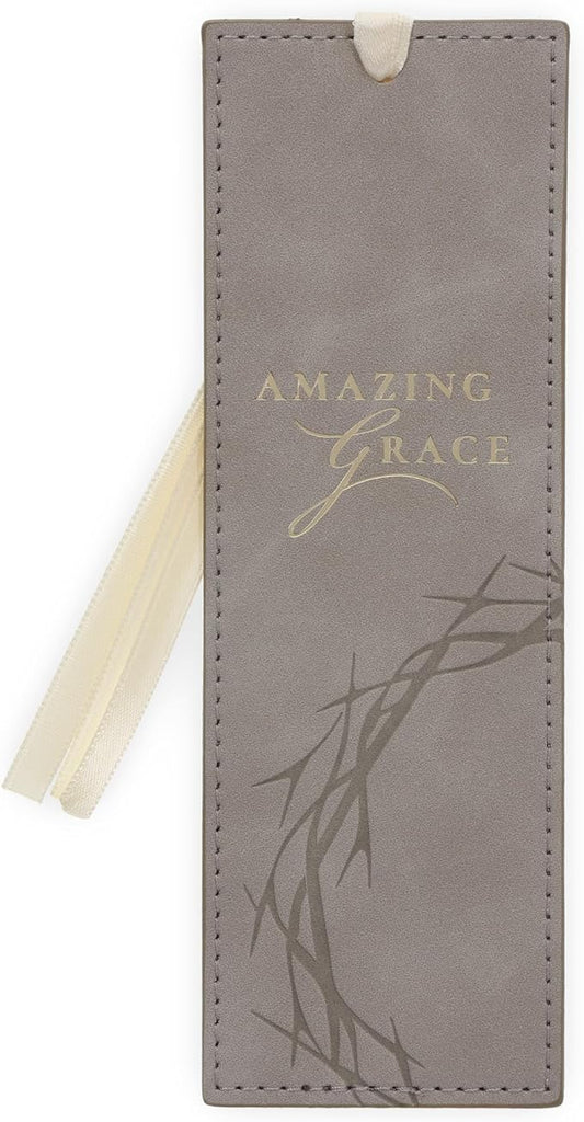 Christian Art Gifts Faux Leather Scripture Bookmark for Men & Women: Amazing Grace with Golden Encouraging Bible Verse, Debossed Crown of Thorns Design, Satin Ribbon Markers for Reading, Taupe & Gold