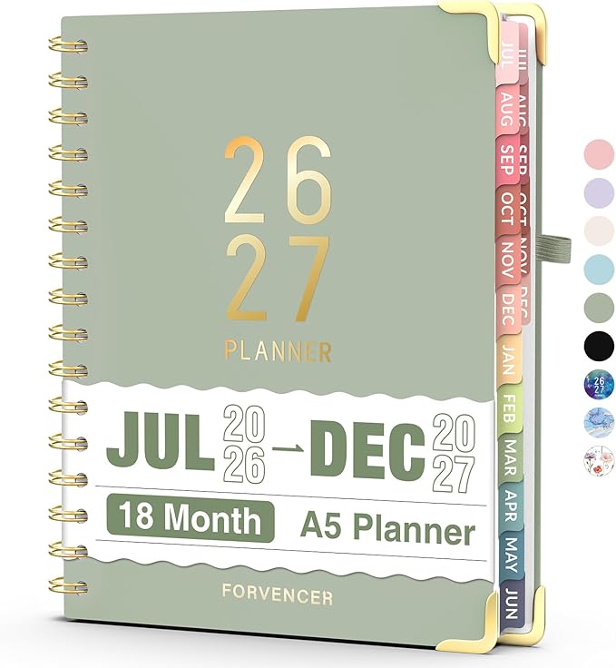 Jul 2026 - Dec 2027 Planner, Forvencer 18 Month Academic Planner 2026-2027, 6.3" x 8.4", Calendar Planner Weekly and Monthly, Daily Agenda Book, College School Supplies for Student Teacher, A5, Green