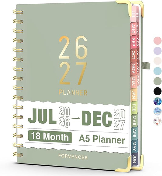Jul 2026 - Dec 2027 Planner, Forvencer 18 Month Academic Planner 2026-2027, 6.3" x 8.4", Calendar Planner Weekly and Monthly, Daily Agenda Book, College School Supplies for Student Teacher, A5, Green