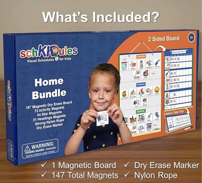 SchKIDules REDESIGNED Magnetic Visual Schedule Home Bundle Kit for Daily Routines, Chores, Behavioral Supports, Kids Calendar, and ADHD Help includes 129 Magnets, 18" Folding Reversable Board and more