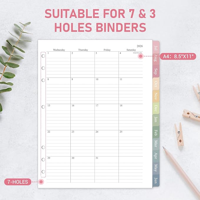2026-2027 Monthly Planner Refill for 3 Ring, A4 Letter Size Planner Inserts, 8.5"x11", Jul. 2026 - Dec. 2027, 18 Monthly Calendars with Colorful Laminated Tabs, 7/3-Hole Punched