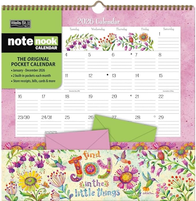 WSBL Simple Inspirations 2026 Note Nook Wall Calendar – 12-Month Organizer Calendar with Dual Storage Pockets, Uplifting Inspirational Art by Debi Hron, 12″ × 12.125″