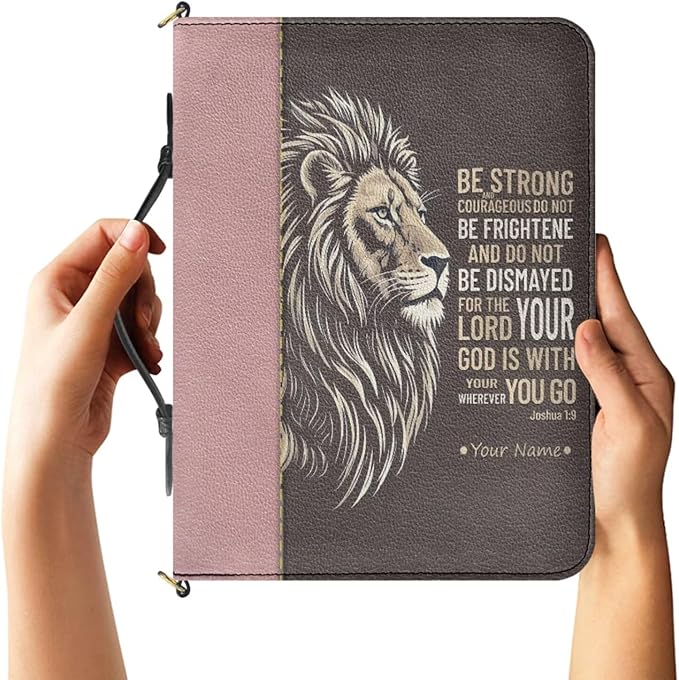 Custom Bible Cover with Name, Personalized Bible Case with Strap and Handle, Lion Print Joshua 1:9 Book Carrier with Inner Pockets and Pen Loop, Biblia Accessories Women, Medium