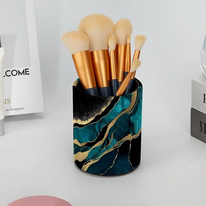 Leather Pen Holder for Desk, Malachite Marble Makeup Brushes Holder Pencil Cup Multifunctional Desktop Organizer Caddy for Home School Office Desk Accessories