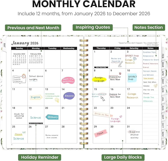 2026 Planner, Weekly and Monthly Planner for Women, January 2026 - December 2026, Hardcover 2026 Calendar Planner Book with Tabs, Inner Pocket, Spiral Bound, Perfect for Office Home School Supplies - A4 (8.5" x 11"), Spring Flowers